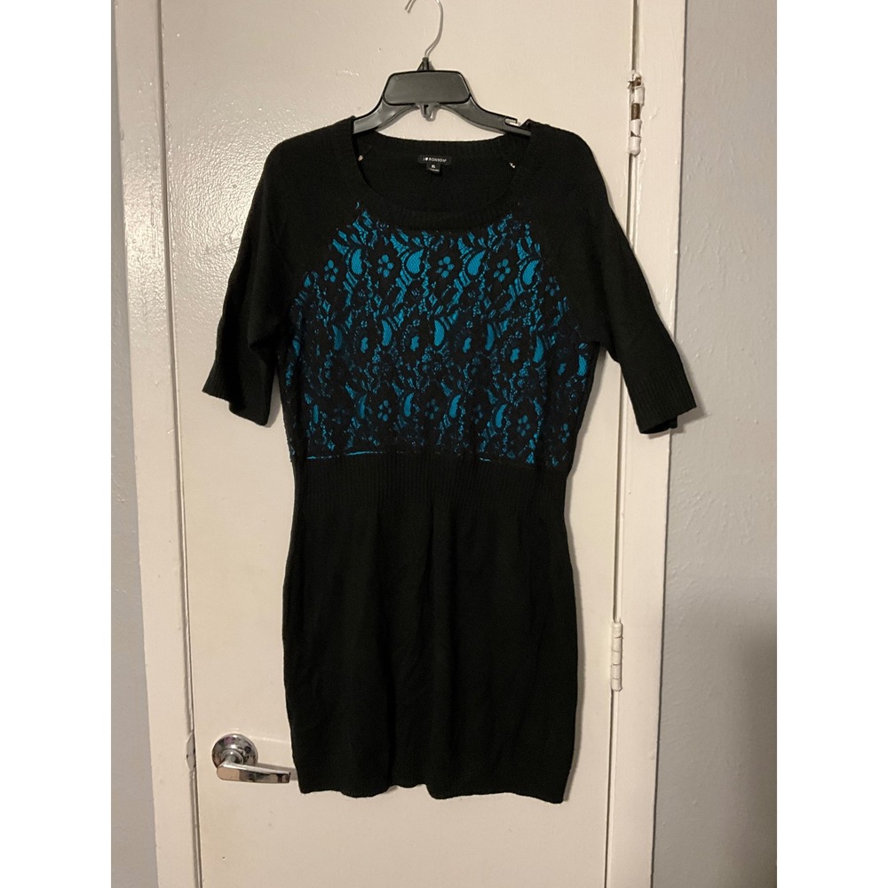 I Heart Ronson Womens‎ XL Black Teal Blue Lace Knit Sweater Dress Elbow Sleeve